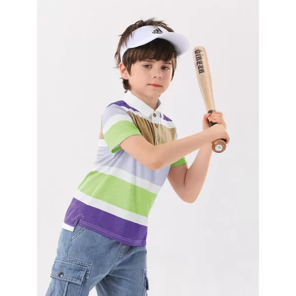 Haloumoning Boys Color Block Polo Shirt Kids Summer Short Sleeve Striped Collared Shirts with Side Slit 4-14 Years