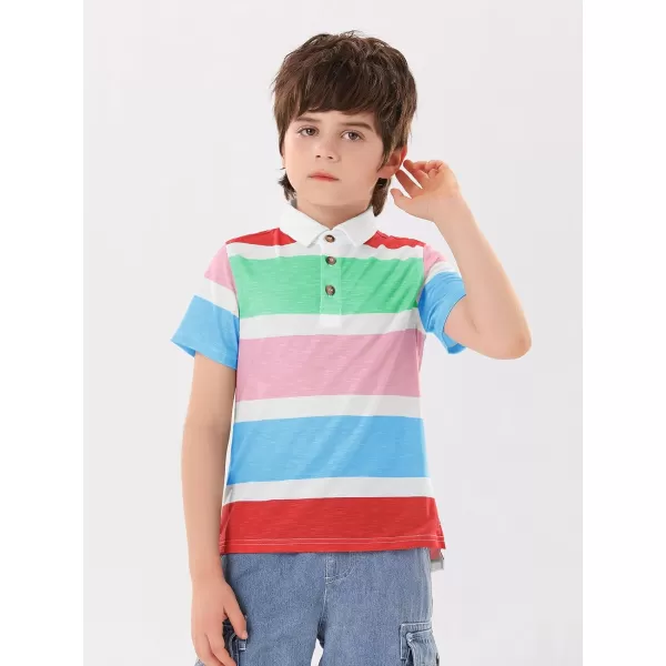 Haloumoning Boys Color Block Polo Shirt Kids Summer Short Sleeve Striped Collared Shirts with Side Slit 4-14 Years