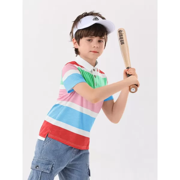 Haloumoning Boys Color Block Polo Shirt Kids Summer Short Sleeve Striped Collared Shirts with Side Slit 4-14 Years