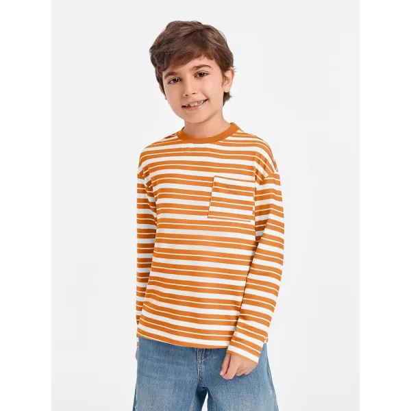 Haloumoning Boys Striped Shirts Kids Long Sleeve Crewneck Pullover Tops Soft Basic Tees with Pockets 5-14 Years