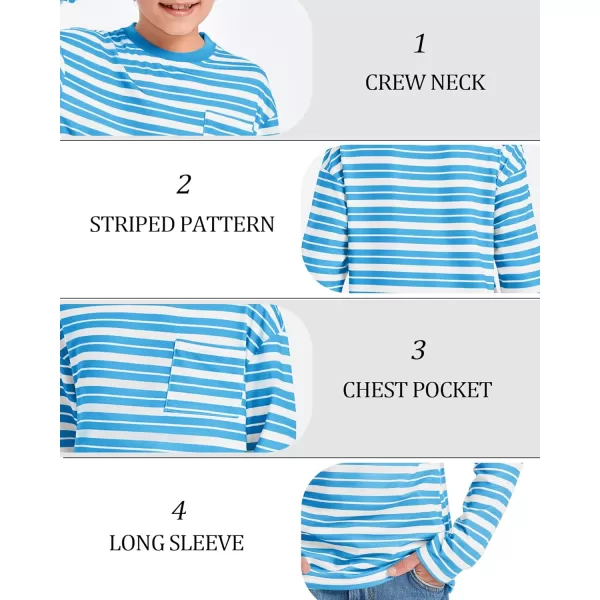 Haloumoning Boys Striped Shirts Kids Long Sleeve Crewneck Pullover Tops Soft Basic Tees with Pockets 5-14 Years
