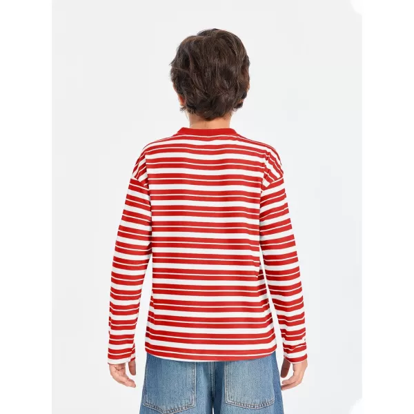Haloumoning Boys Striped Shirts Kids Long Sleeve Crewneck Pullover Tops Soft Basic Tees with Pockets 5-14 Years