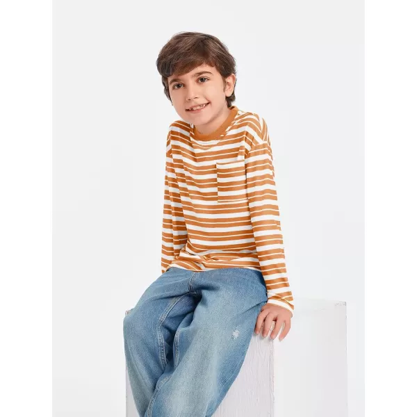 Haloumoning Boys Striped Shirts Kids Long Sleeve Crewneck Pullover Tops Soft Basic Tees with Pockets 5-14 Years