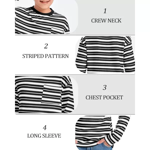 Haloumoning Boys Striped Shirts Kids Long Sleeve Crewneck Pullover Tops Soft Basic Tees with Pockets 5-14 Years