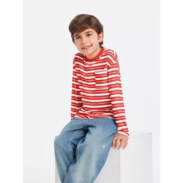 Haloumoning Boys Striped Shirts Kids Long Sleeve Crewneck Pullover Tops Soft Basic Tees with Pockets 5-14 Years
