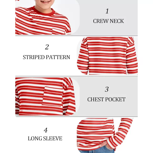 Haloumoning Boys Striped Shirts Kids Long Sleeve Crewneck Pullover Tops Soft Basic Tees with Pockets 5-14 Years