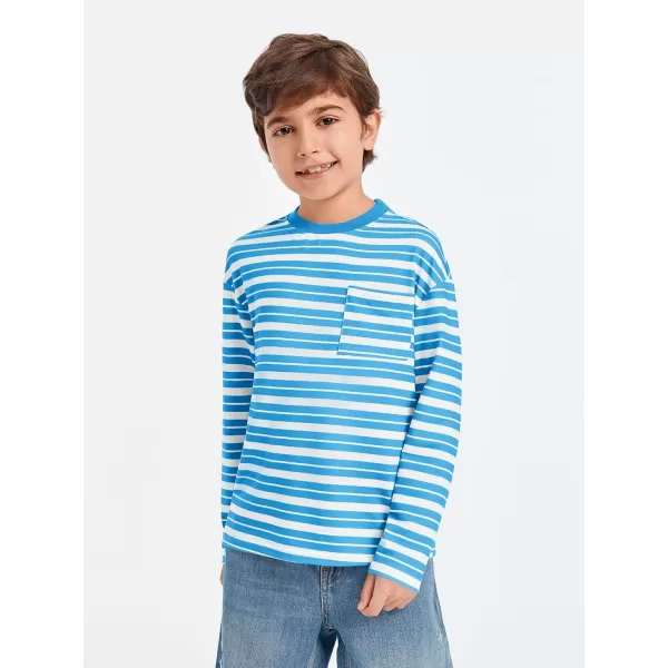 Haloumoning Boys Striped Shirts Kids Long Sleeve Crewneck Pullover Tops Soft Basic Tees with Pockets 5-14 Years