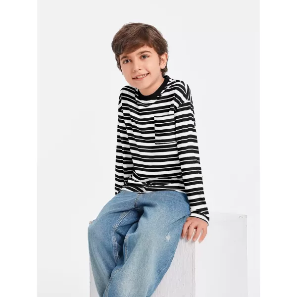 Haloumoning Boys Striped Shirts Kids Long Sleeve Crewneck Pullover Tops Soft Basic Tees with Pockets 5-14 Years