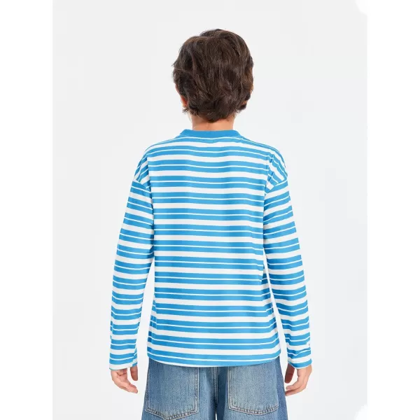 Haloumoning Boys Striped Shirts Kids Long Sleeve Crewneck Pullover Tops Soft Basic Tees with Pockets 5-14 Years