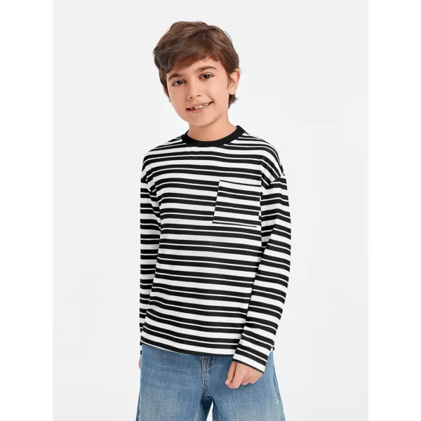 Haloumoning Boys Striped Shirts Kids Long Sleeve Crewneck Pullover Tops Soft Basic Tees with Pockets 5-14 Years
