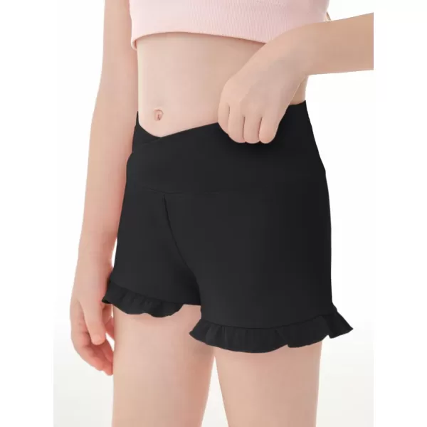 Haloumoning Girls Athletic Ruffle Shorts V Crossover High Waisted Yoga Dance Shorts Comfy Gymnastics Shorts 5-14Y