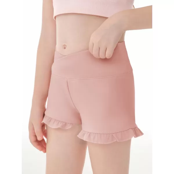 Haloumoning Girls Athletic Ruffle Shorts V Crossover High Waisted Yoga Dance Shorts Comfy Gymnastics Shorts 5-14Y