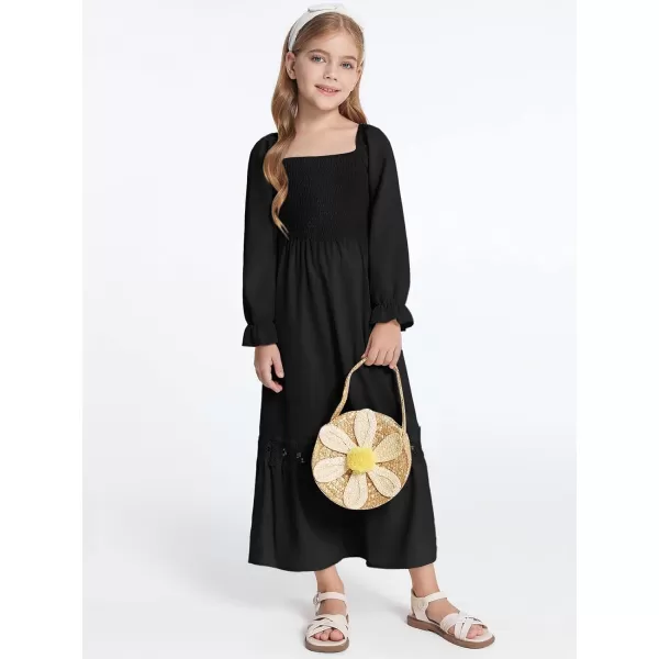 Haloumoning Girls Boho Summer Dresses Long Sleeve Square Neck Smocked Beach Dress Flowy A-line Maxi Dress 4-14 Years