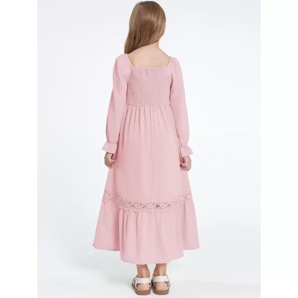 Haloumoning Girls Boho Summer Dresses Long Sleeve Square Neck Smocked Beach Dress Flowy A-line Maxi Dress 4-14 Years