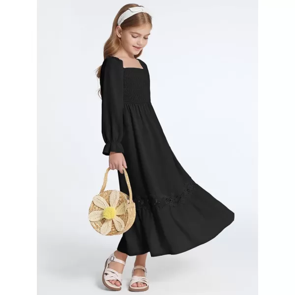 Haloumoning Girls Boho Summer Dresses Long Sleeve Square Neck Smocked Beach Dress Flowy A-line Maxi Dress 4-14 Years