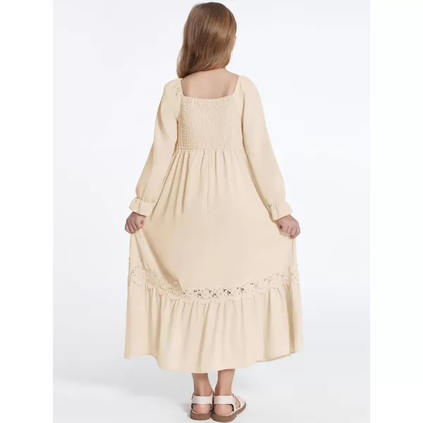 Haloumoning Girls Boho Summer Dresses Long Sleeve Square Neck Smocked Beach Dress Flowy A-line Maxi Dress 4-14 Years