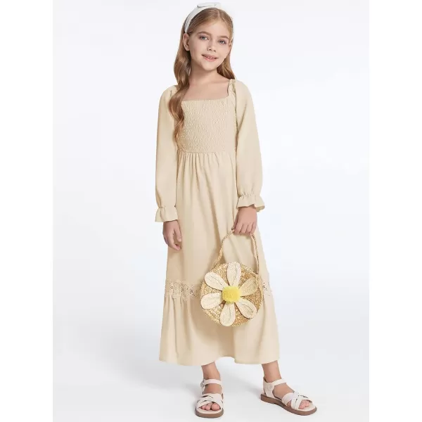 Haloumoning Girls Boho Summer Dresses Long Sleeve Square Neck Smocked Beach Dress Flowy A-line Maxi Dress 4-14 Years