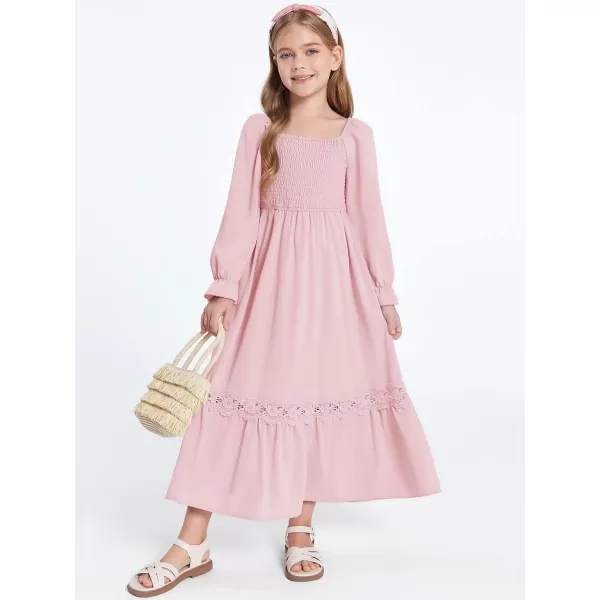 Haloumoning Girls Boho Summer Dresses Long Sleeve Square Neck Smocked Beach Dress Flowy A-line Maxi Dress 4-14 Years