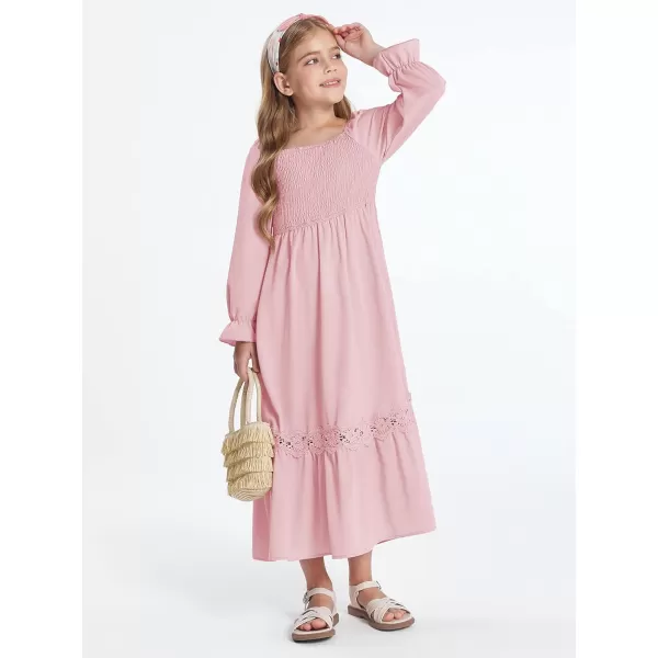 Haloumoning Girls Boho Summer Dresses Long Sleeve Square Neck Smocked Beach Dress Flowy A-line Maxi Dress 4-14 Years