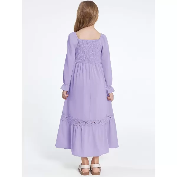 Haloumoning Girls Boho Summer Dresses Long Sleeve Square Neck Smocked Beach Dress Flowy A-line Maxi Dress 4-14 Years