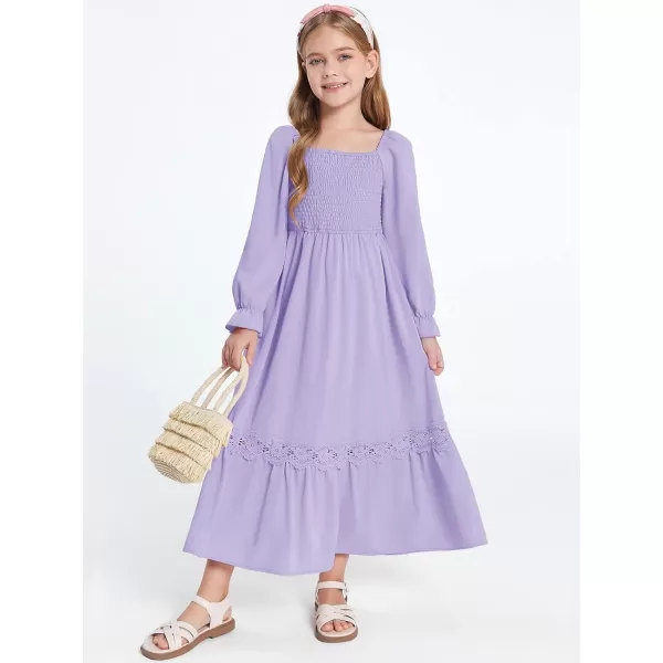 Haloumoning Girls Boho Summer Dresses Long Sleeve Square Neck Smocked Beach Dress Flowy A-line Maxi Dress 4-14 Years
