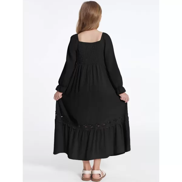 Haloumoning Girls Boho Summer Dresses Long Sleeve Square Neck Smocked Beach Dress Flowy A-line Maxi Dress 4-14 Years