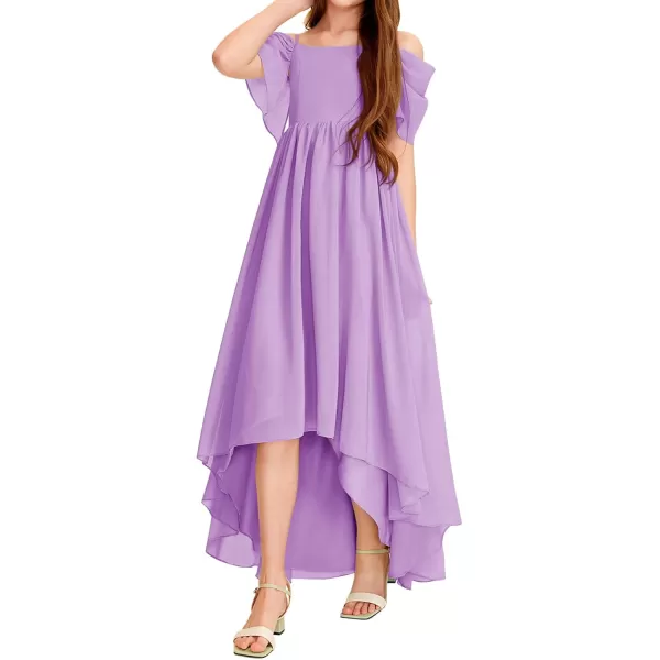 Haloumoning Girls Cold Shoulder Dress A-line Asymmetrical Chiffon Junior Bridesmaid Birthday Party Dress