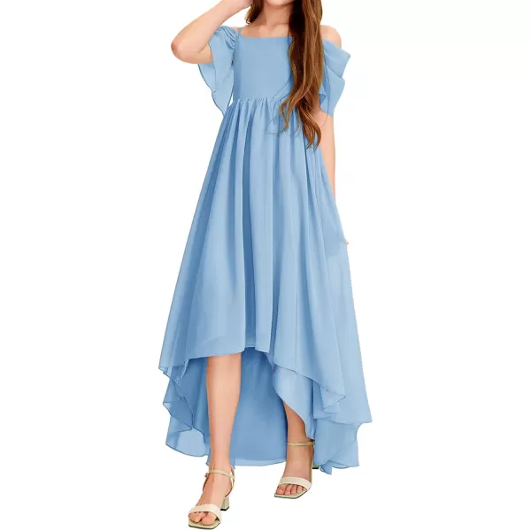 Haloumoning Girls Cold Shoulder Dress A-line Asymmetrical Chiffon Junior Bridesmaid Birthday Party Dress