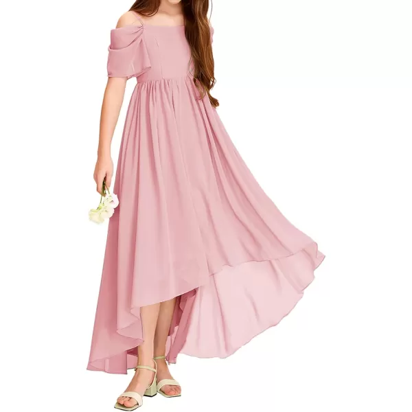 Haloumoning Girls Cold Shoulder Dress A-line Asymmetrical Chiffon Junior Bridesmaid Birthday Party Dress