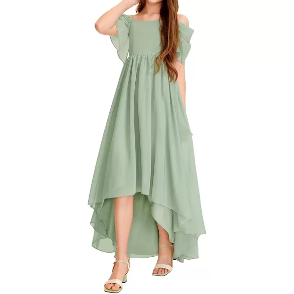 Haloumoning Girls Cold Shoulder Dress A-line Asymmetrical Chiffon Junior Bridesmaid Birthday Party Dress