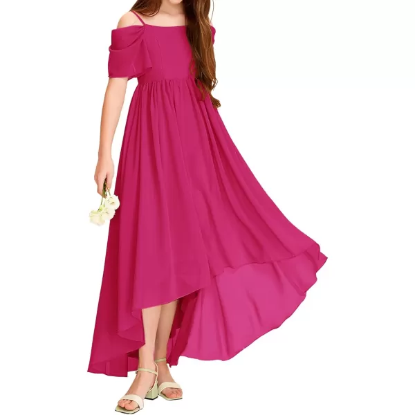 Haloumoning Girls Cold Shoulder Dress A-line Asymmetrical Chiffon Junior Bridesmaid Birthday Party Dress