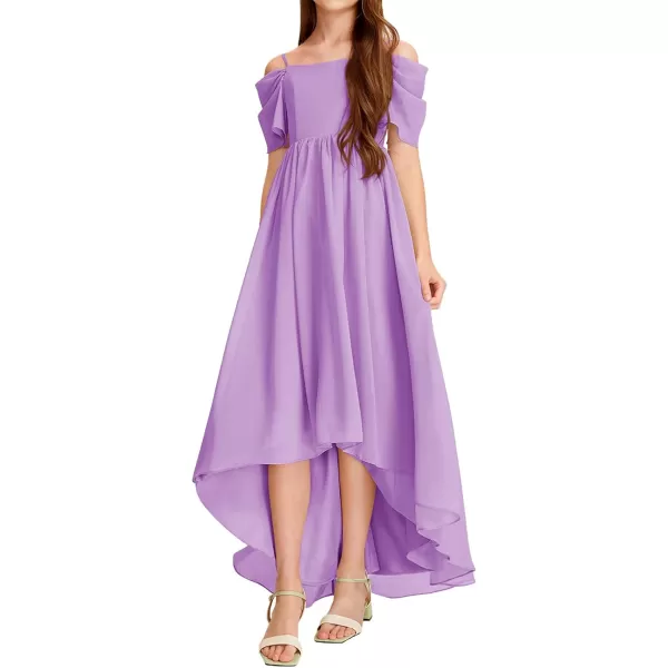 Haloumoning Girls Cold Shoulder Dress A-line Asymmetrical Chiffon Junior Bridesmaid Birthday Party Dress