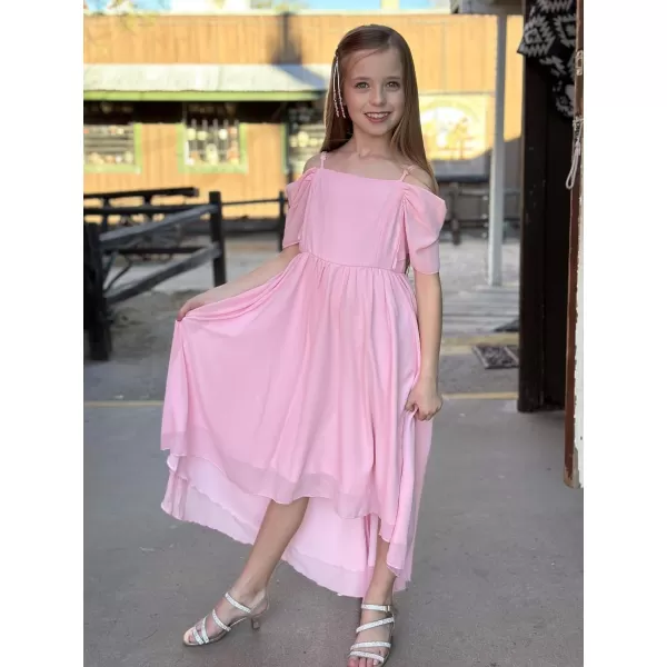 Haloumoning Girls Cold Shoulder Dress A-line Asymmetrical Chiffon Junior Bridesmaid Birthday Party Dress