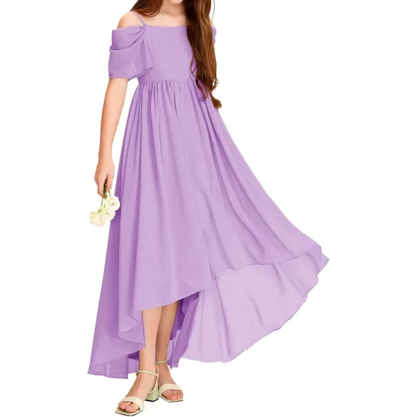 Haloumoning Girls Cold Shoulder Dress A-line Asymmetrical Chiffon Junior Bridesmaid Birthday Party Dress