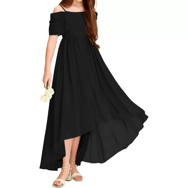 Haloumoning Girls Cold Shoulder Dress A-line Asymmetrical Chiffon Junior Bridesmaid Birthday Party Dress