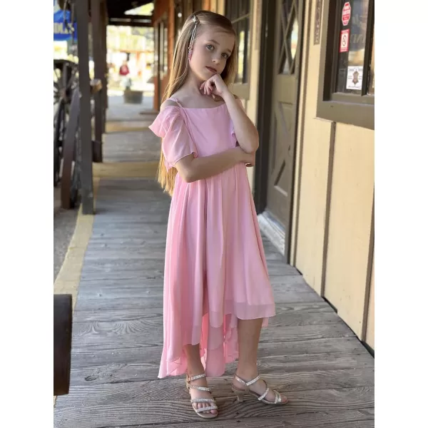 Haloumoning Girls Cold Shoulder Dress A-line Asymmetrical Chiffon Junior Bridesmaid Birthday Party Dress