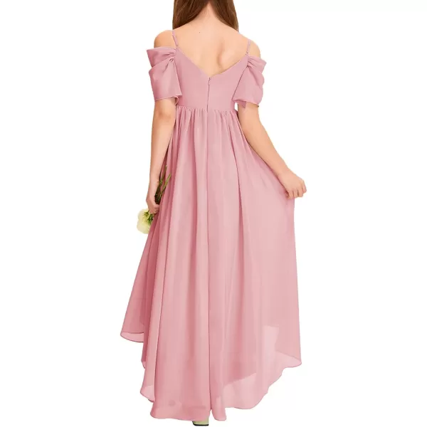 Haloumoning Girls Cold Shoulder Dress A-line Asymmetrical Chiffon Junior Bridesmaid Birthday Party Dress