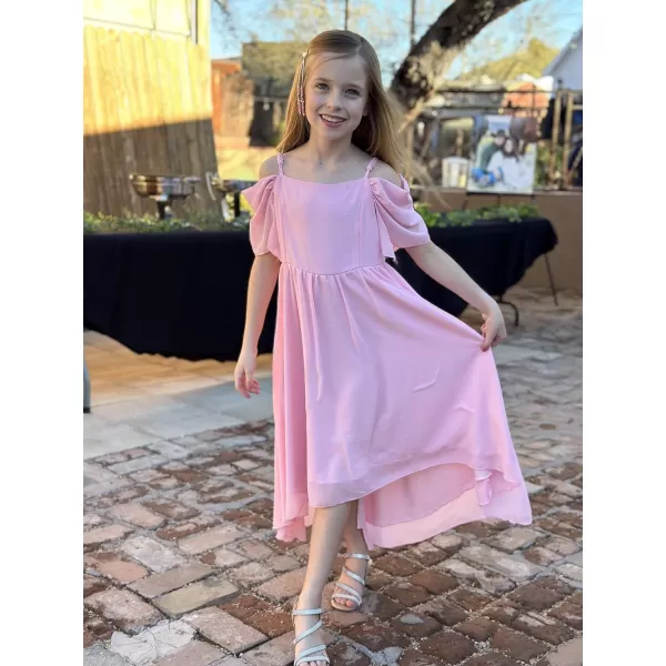 Haloumoning Girls Cold Shoulder Dress A-line Asymmetrical Chiffon Junior Bridesmaid Birthday Party Dress