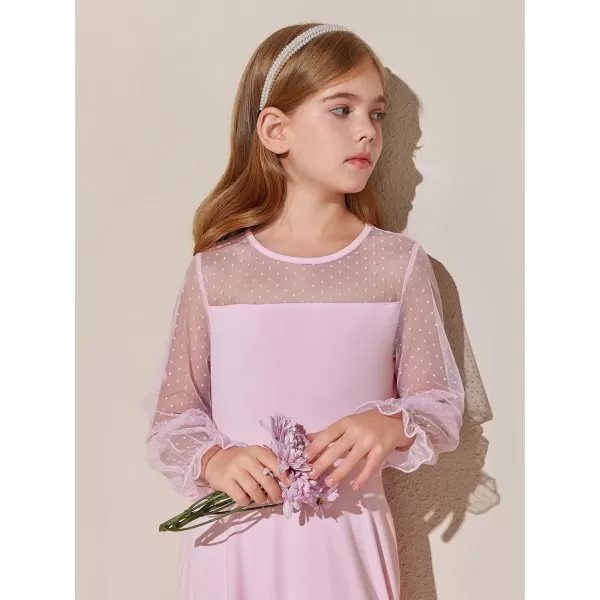 Haloumoning Girls Contrast Mesh Long Sleeve High Waist A Line Short Dress with Pockets 4-14 Years
