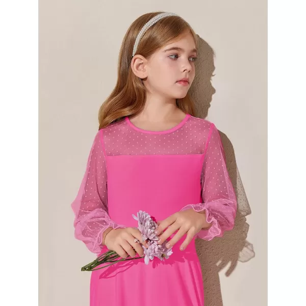 Haloumoning Girls Contrast Mesh Long Sleeve High Waist A Line Short Dress with Pockets 4-14 Years