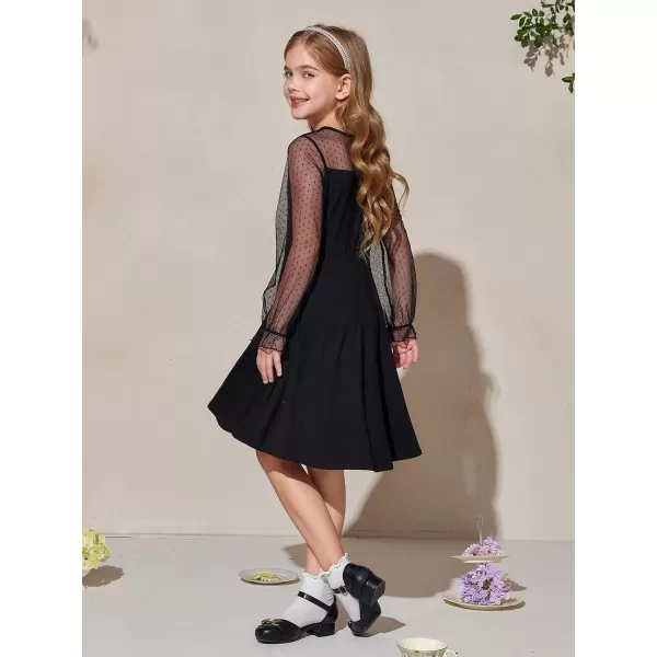 Haloumoning Girls Contrast Mesh Long Sleeve High Waist A Line Short Dress with Pockets 4-14 Years