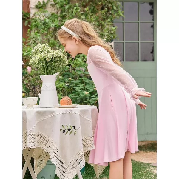 Haloumoning Girls Contrast Mesh Long Sleeve High Waist A Line Short Dress with Pockets 4-14 Years