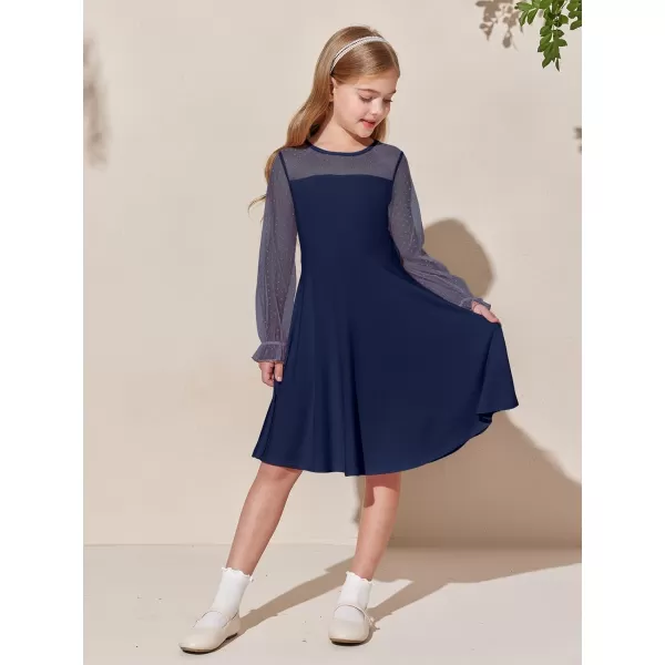 Haloumoning Girls Contrast Mesh Long Sleeve High Waist A Line Short Dress with Pockets 4-14 Years