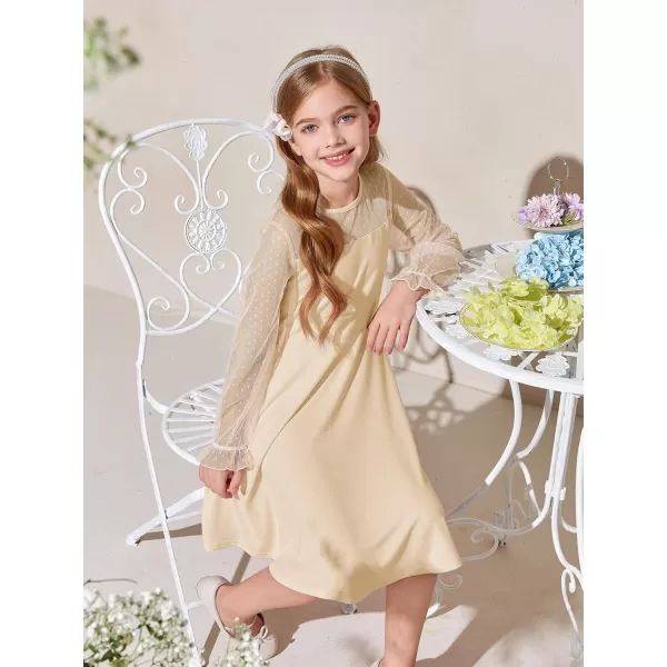 Haloumoning Girls Contrast Mesh Long Sleeve High Waist A Line Short Dress with Pockets 4-14 Years