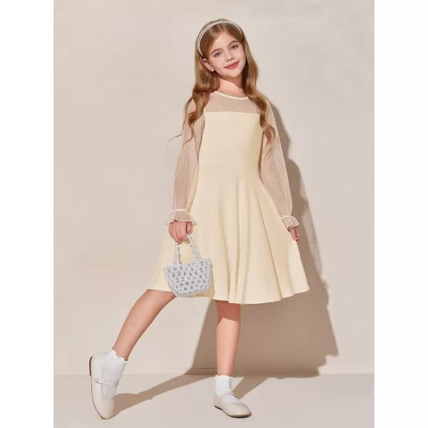 Haloumoning Girls Contrast Mesh Long Sleeve High Waist A Line Short Dress with Pockets 4-14 Years