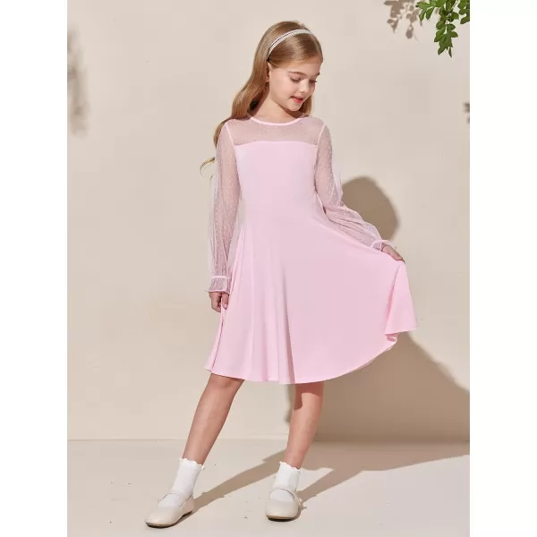 Haloumoning Girls Contrast Mesh Long Sleeve High Waist A Line Short Dress with Pockets 4-14 Years