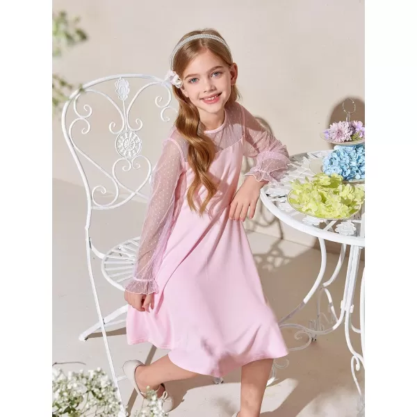 Haloumoning Girls Contrast Mesh Long Sleeve High Waist A Line Short Dress with Pockets 4-14 Years