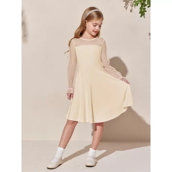 Haloumoning Girls Contrast Mesh Long Sleeve High Waist A Line Short Dress with Pockets 4-14 Years