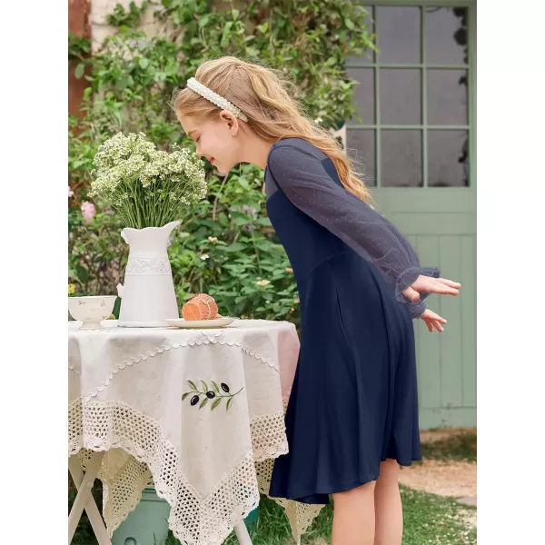 Haloumoning Girls Contrast Mesh Long Sleeve High Waist A Line Short Dress with Pockets 4-14 Years