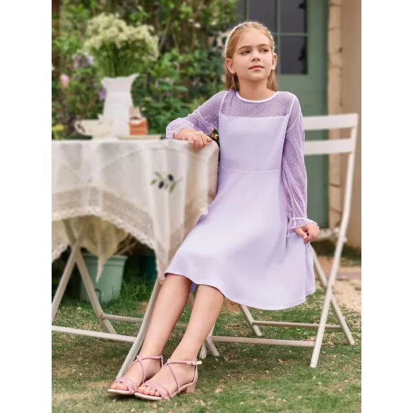 Haloumoning Girls Contrast Mesh Long Sleeve High Waist A Line Short Dress with Pockets 4-14 Years
